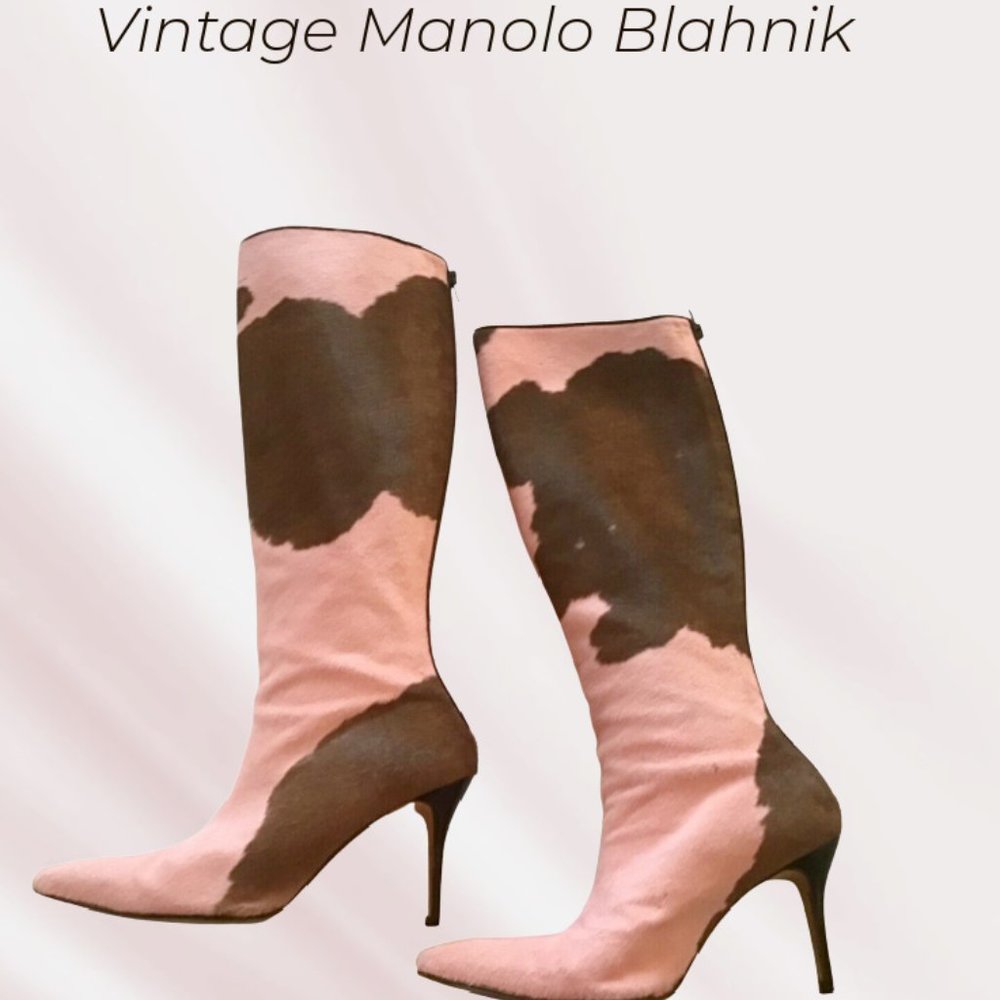 Vintage Manolo Blahnik Pink/Brown Calf Hair Boots 40.5
